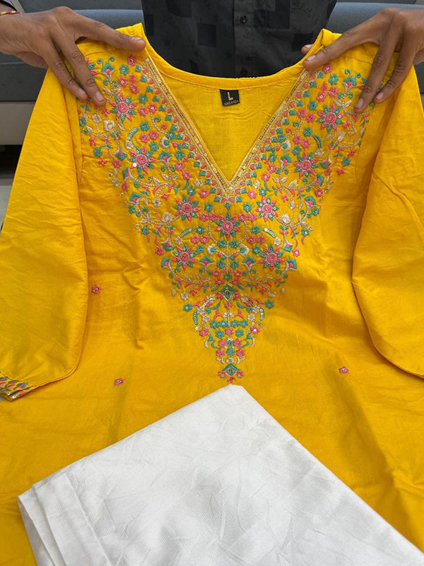 Yellow Banana Silk Embroidered Neck Kurti Pant Set
