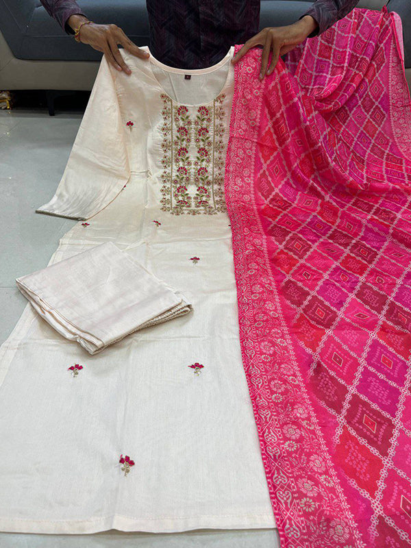 Off White Banana Silk Kurti Pant With Pink Bandhej Dupatta