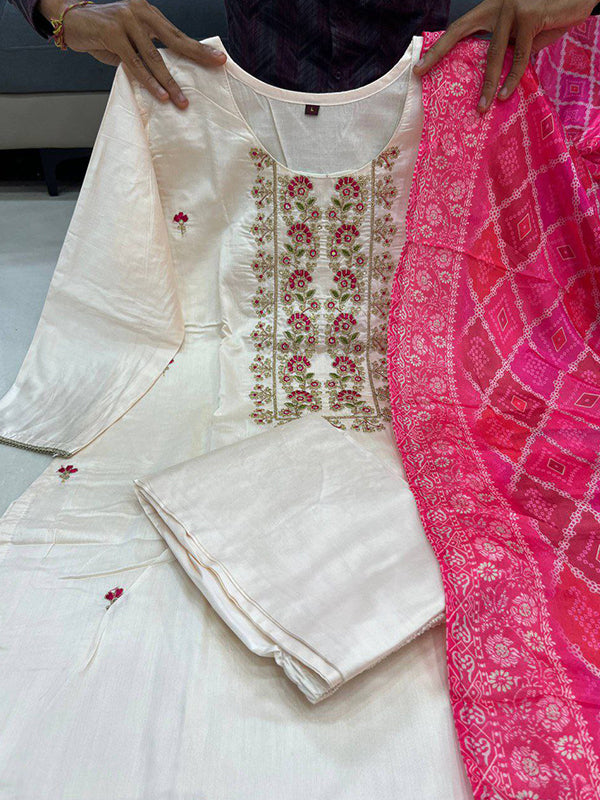 Off White Banana Silk Kurti Pant With Pink Bandhej Dupatta