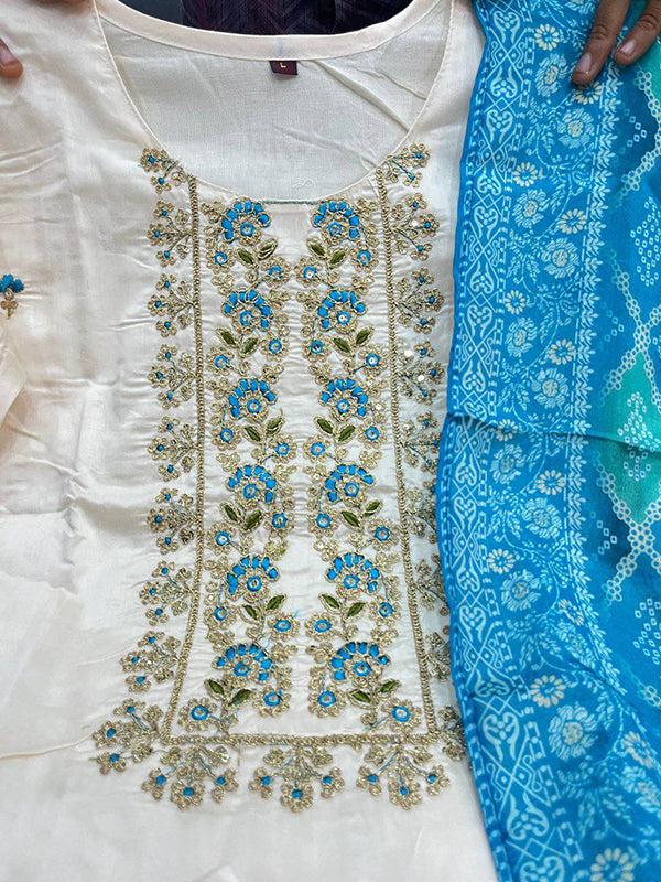 Off White Banana Silk Kurti Pant With Teal Blue Bandhej Dupatta
