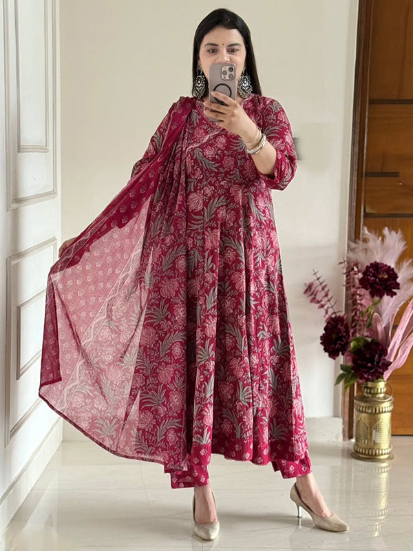 Dark Pink Jaipuri Cotton Printed Kurti With Pant & Dupatta