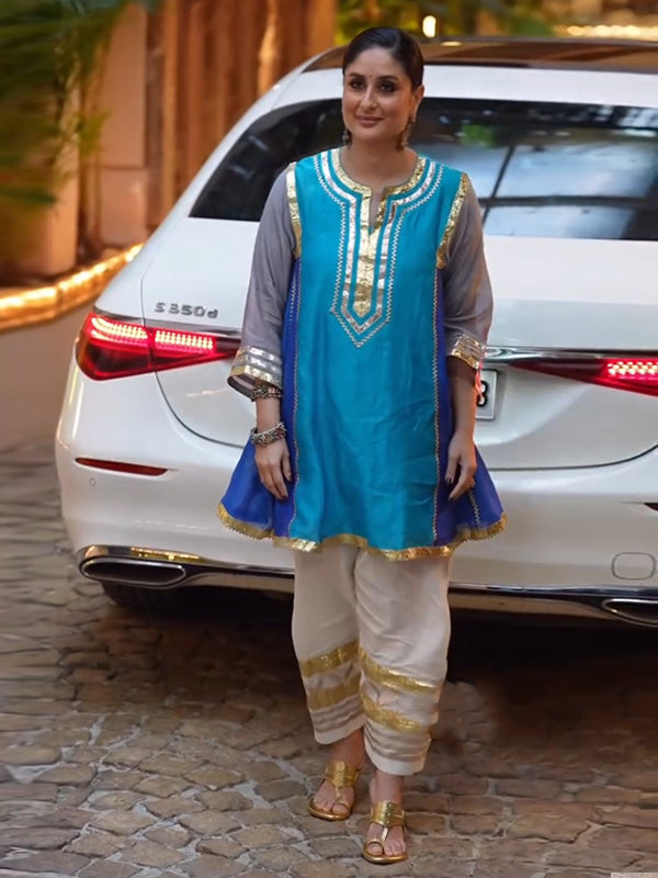 Kareena Kapoor inspired Blue Gotta Pati Work Cotton A-line Tunic Set
