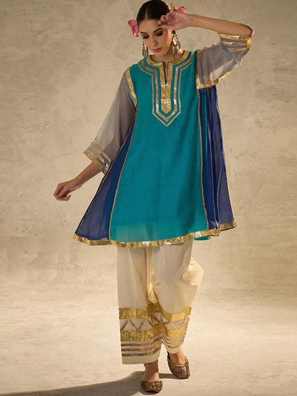 Kareena Kapoor inspired Blue Gotta Pati Work Cotton A-line Tunic Set