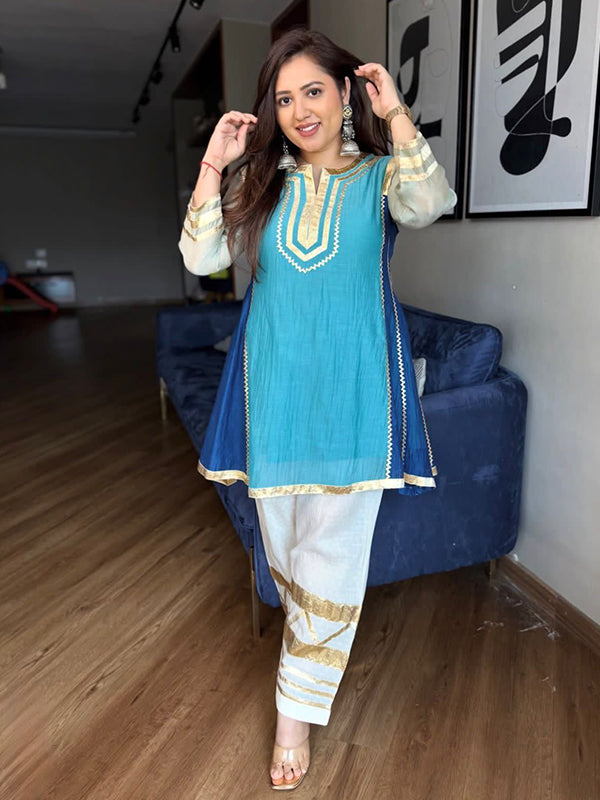 Kareena Kapoor inspired Blue Gotta Pati Work Cotton A-line Tunic Set