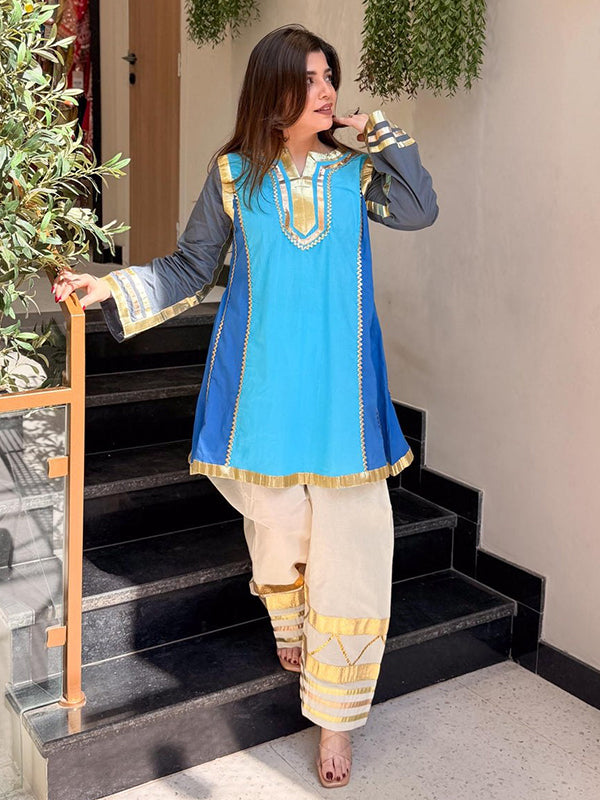 Kareena Kapoor inspired Blue Gotta Pati Work Cotton A-line Tunic Set