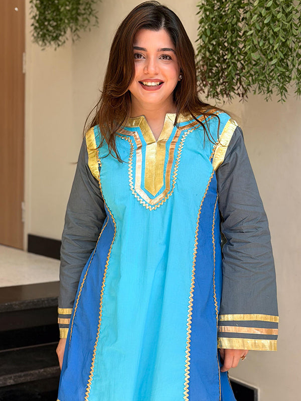 Kareena Kapoor inspired Blue Gotta Pati Work Cotton A-line Tunic Set