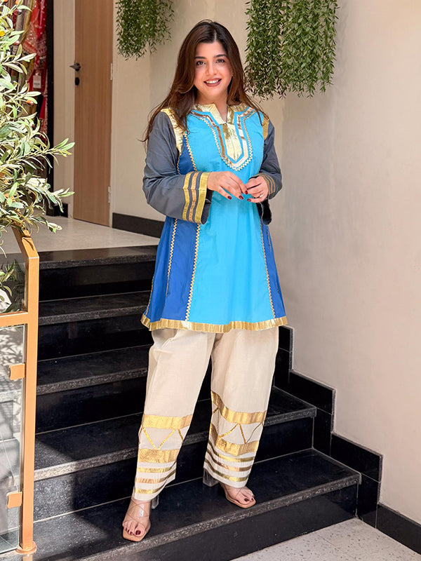 Kareena Kapoor inspired Blue Gotta Pati Work Cotton A-line Tunic Set
