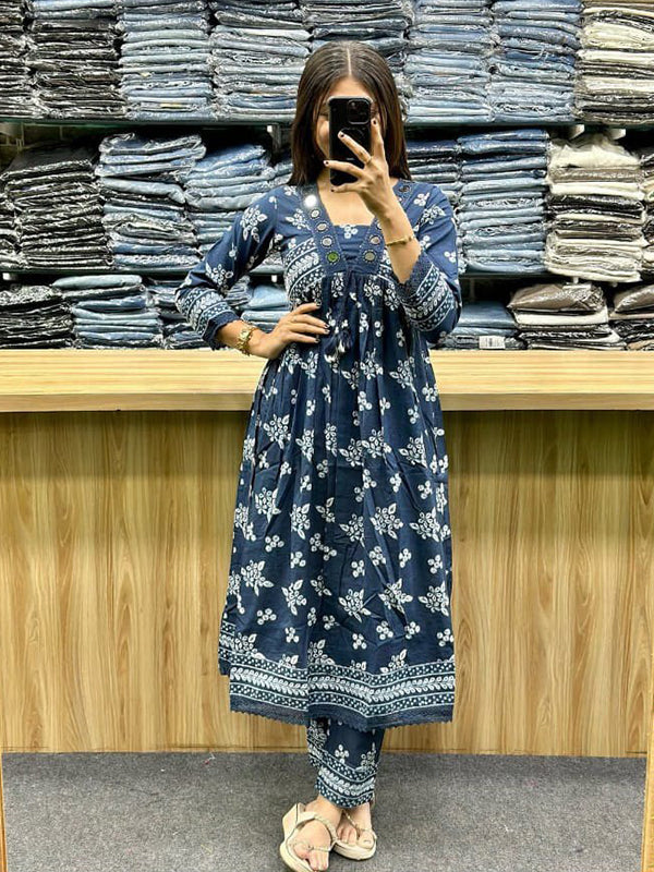 Blue Floral Printed Flared Cotton Kurti Pant & Dupatta
