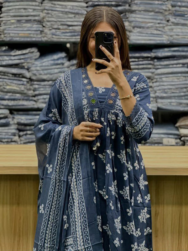 Blue Floral Printed Flared Cotton Kurti Pant & Dupatta