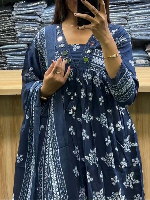 Blue Floral Printed Flared Cotton Kurti Pant & Dupatta