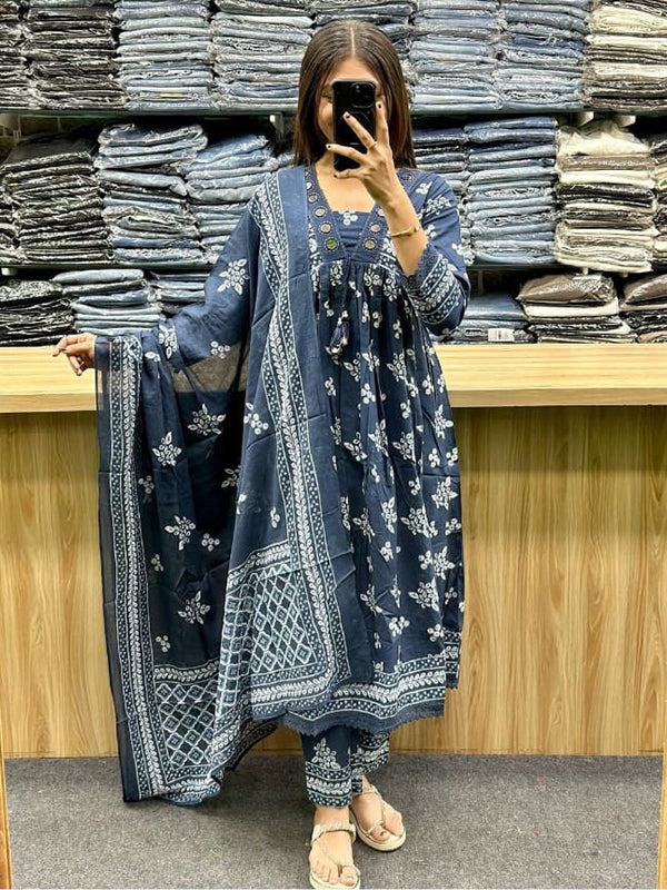 Blue Floral Printed Flared Cotton Kurti Pant & Dupatta