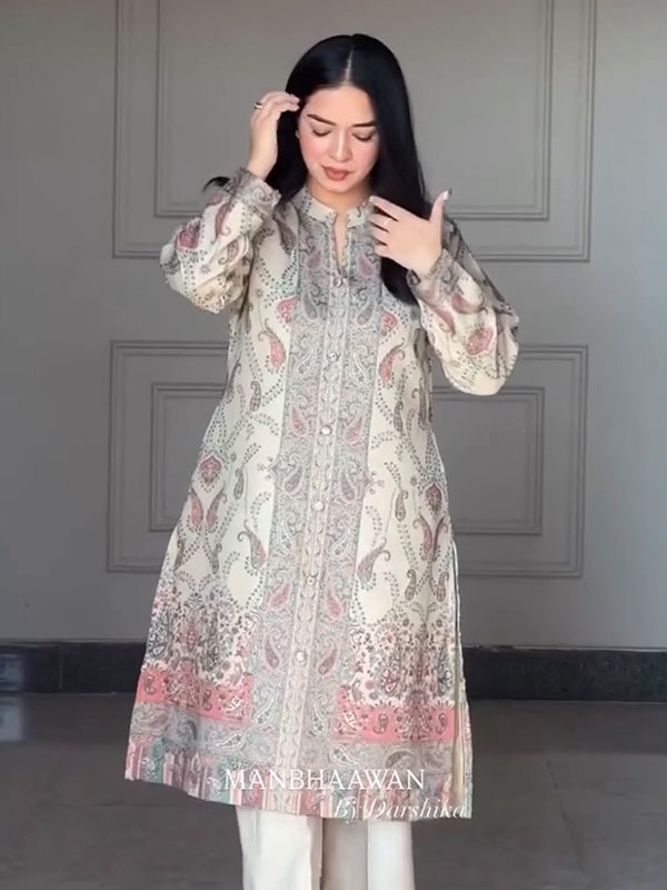 Off White Pure Berry Silk Printed Kurti Pant & Dupatta