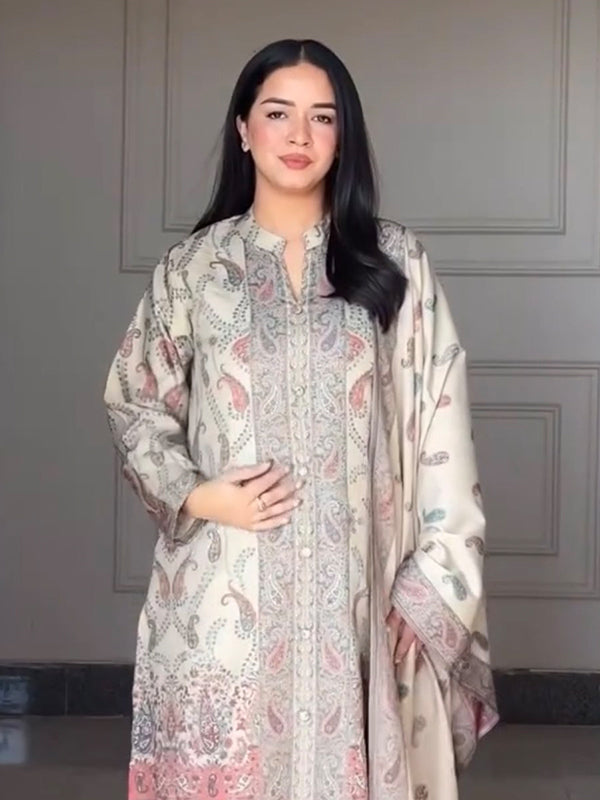 Off White Pure Berry Silk Printed Kurti Pant & Dupatta