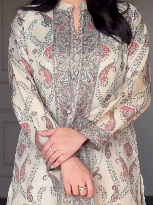 Off White Pure Berry Silk Printed Kurti Pant & Dupatta