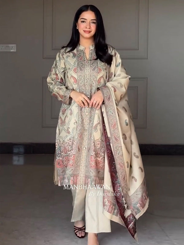 Off White Pure Berry Silk Printed Kurti Pant & Dupatta