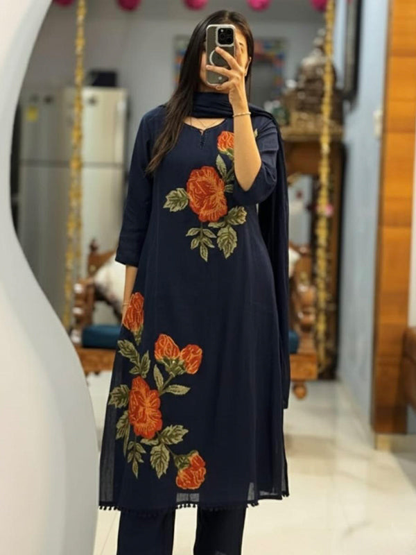 Blue Rose Embroidery Cotton Kurti Pant & Dupatta
