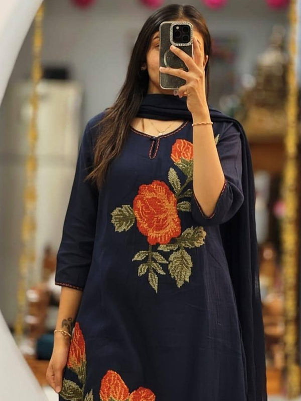 Blue Rose Embroidery Cotton Kurti Pant & Dupatta