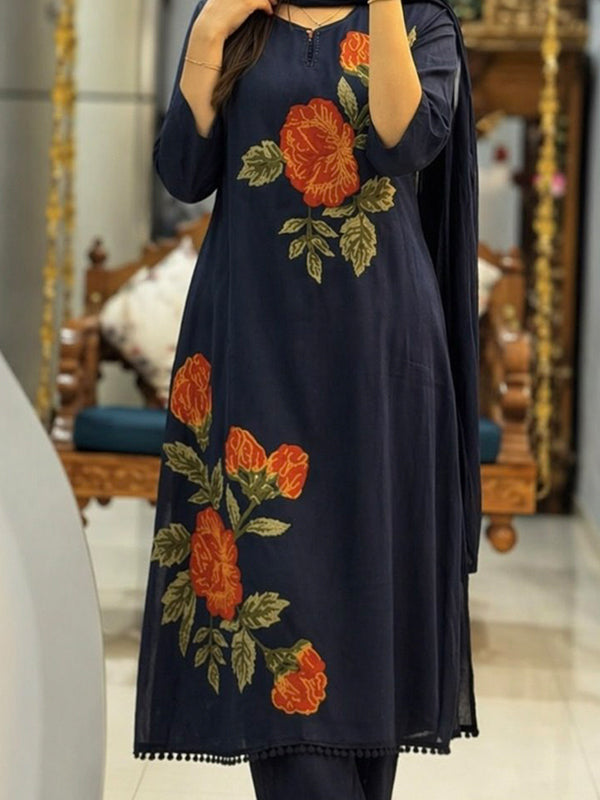 Blue Rose Embroidery Cotton Kurti Pant & Dupatta