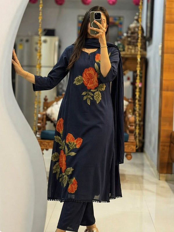 Blue Rose Embroidery Cotton Kurti Pant & Dupatta