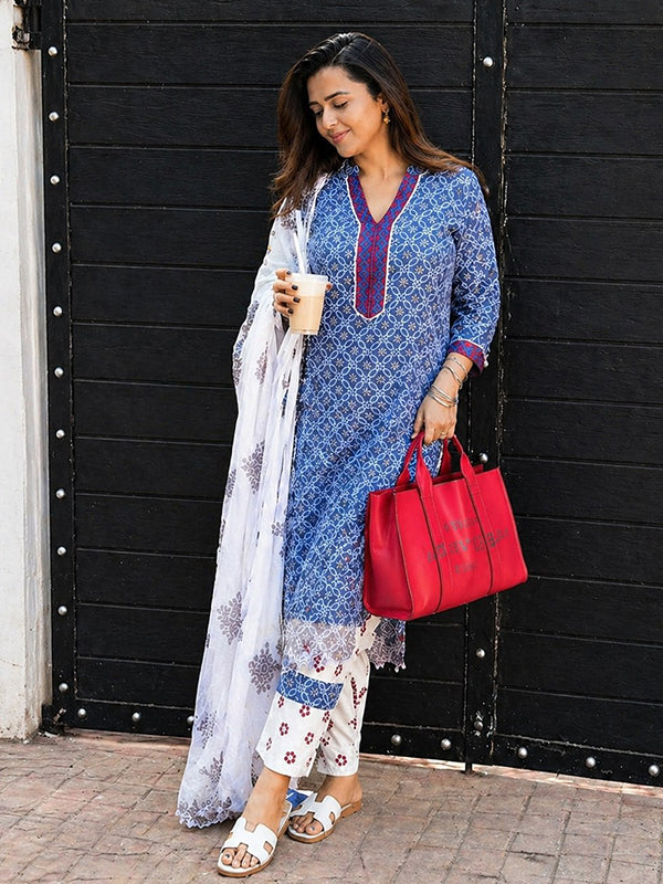 Blue Pure Lilan Printed Kurti Pant & Dupatta