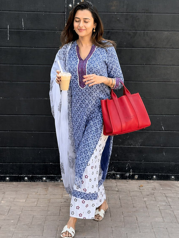 Blue Pure Lilan Printed Kurti Pant & Dupatta
