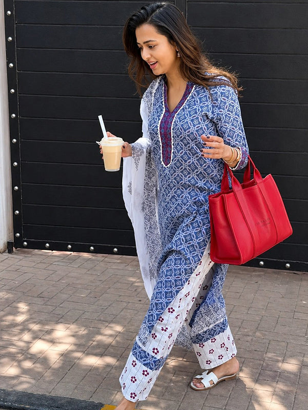 Blue Pure Lilan Printed Kurti Pant & Dupatta