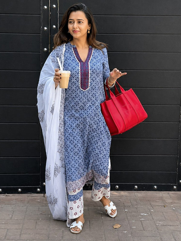 Blue Pure Lilan Printed Kurti Pant & Dupatta