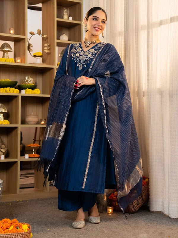 Blue Embroidery Work Satori Silk Kurti Pant With Dupatta