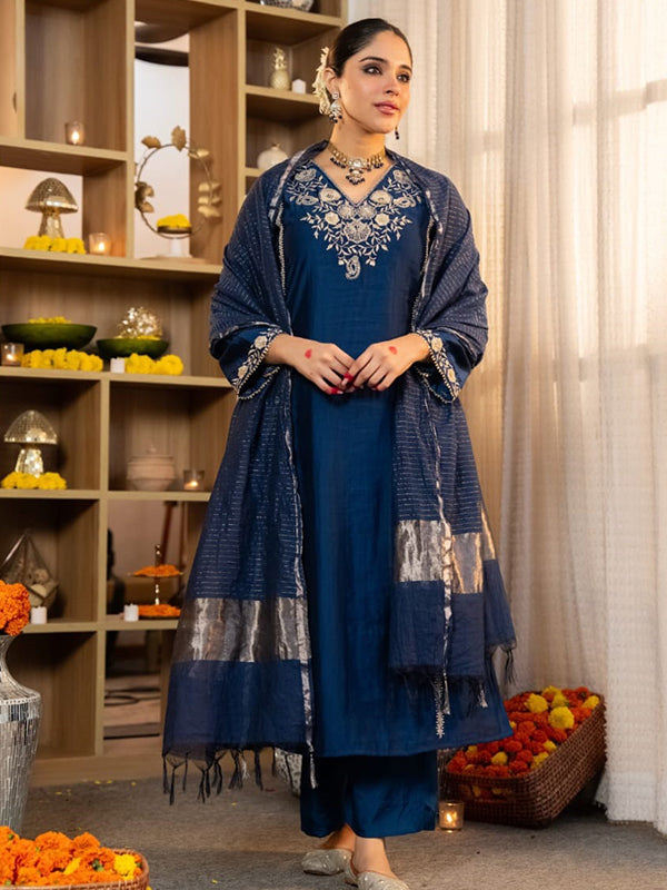 Blue Embroidery Work Satori Silk Kurti Pant With Dupatta