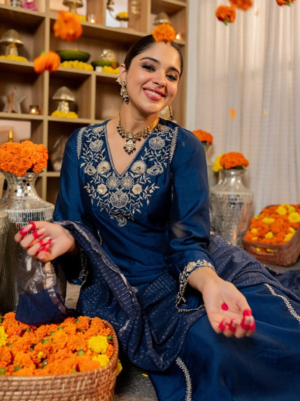 Blue Embroidery Work Satori Silk Kurti Pant With Dupatta