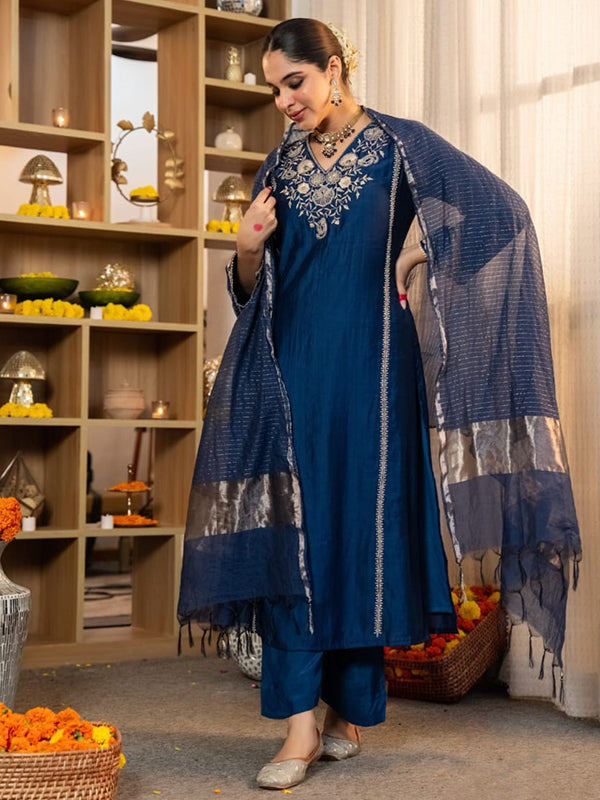 Blue Embroidery Work Satori Silk Kurti Pant With Dupatta