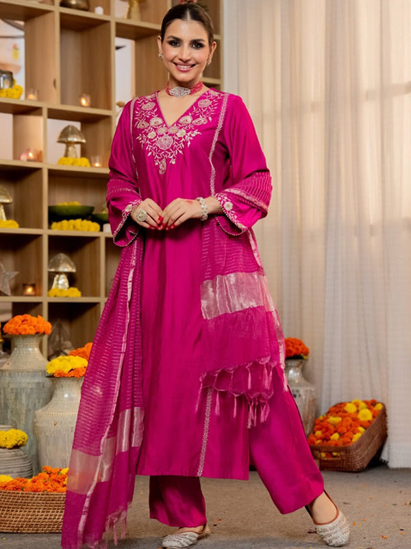 Pink Embroidery Work Satori Silk Kurti Pant With Dupatta