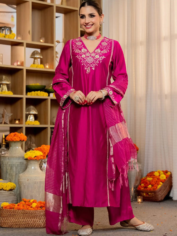 Pink Embroidery Work Satori Silk Kurti Pant With Dupatta