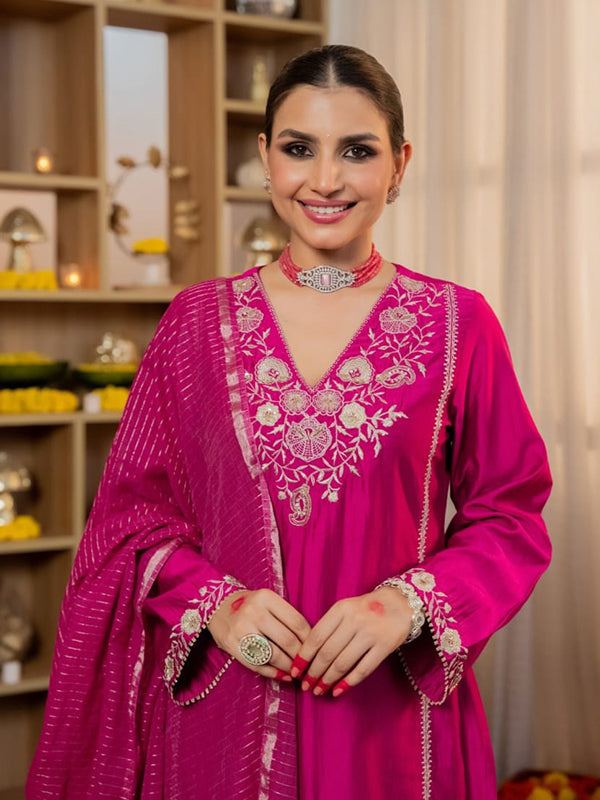 Pink Embroidery Work Satori Silk Kurti Pant With Dupatta