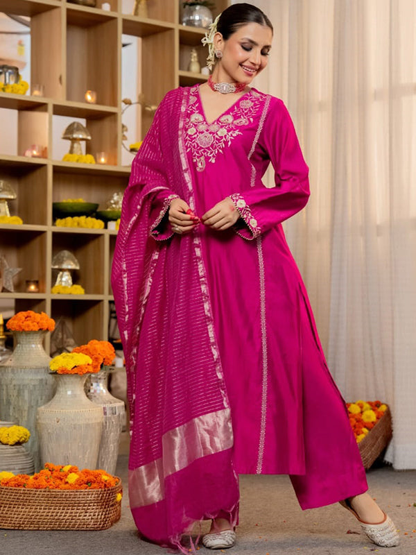 Pink Embroidery Work Satori Silk Kurti Pant With Dupatta