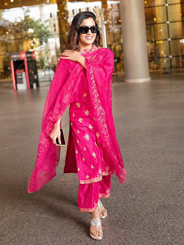 Pink Embroidery Work Berry Silk Kurti Pant With Dupatta