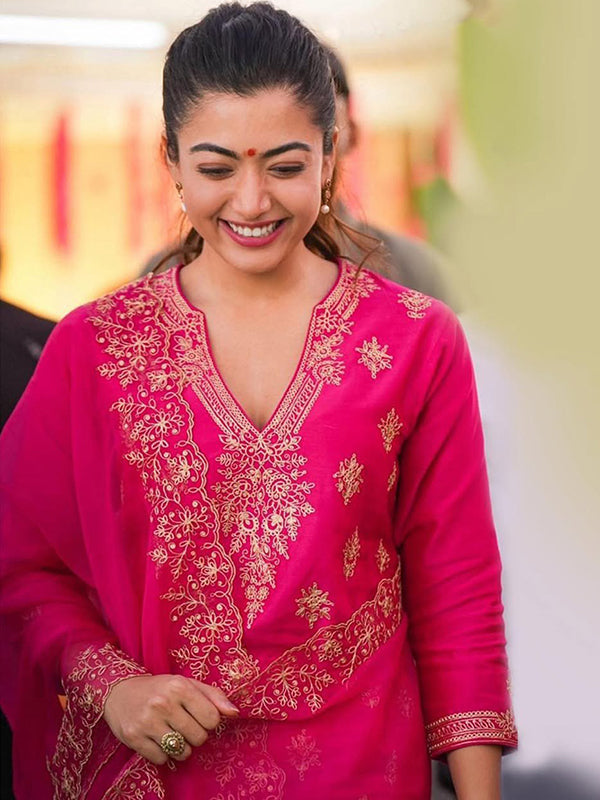 Pink Embroidery Work Berry Silk Kurti Pant With Dupatta