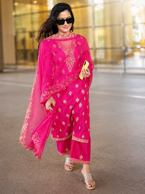 Pink Embroidery Work Berry Silk Kurti Pant With Dupatta