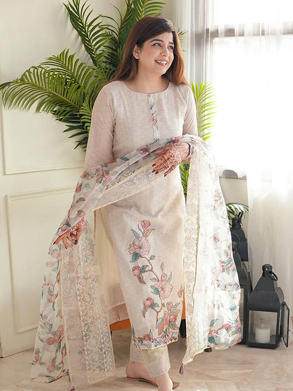 Beige Printed Lilan Kurti Pant With Dupatta
