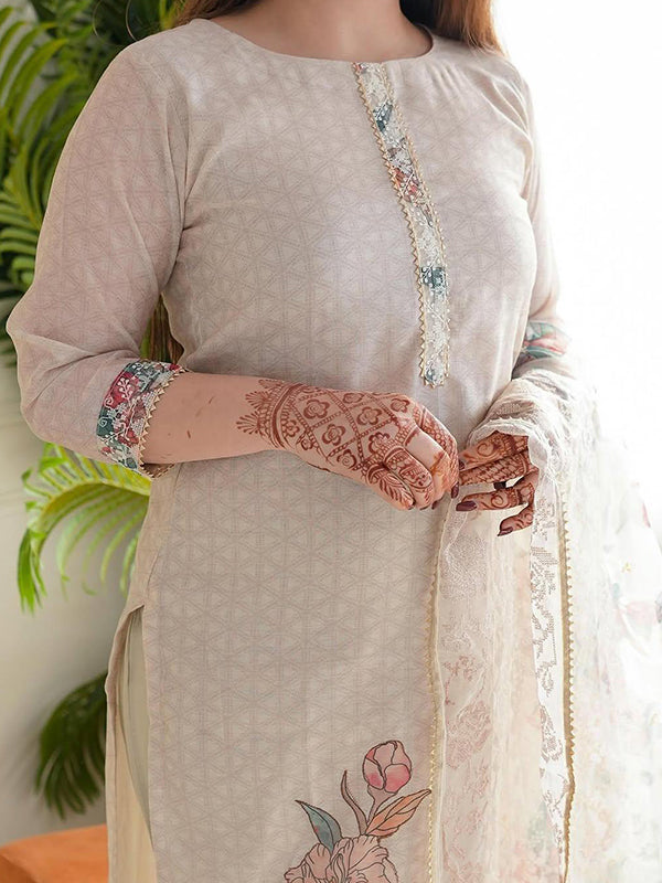 Beige Printed Lilan Kurti Pant With Dupatta