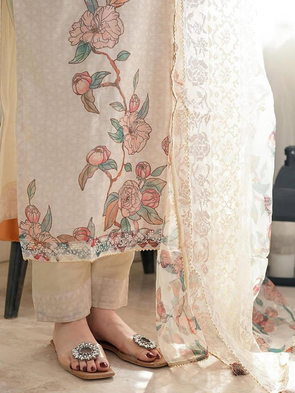 Beige Printed Lilan Kurti Pant With Dupatta
