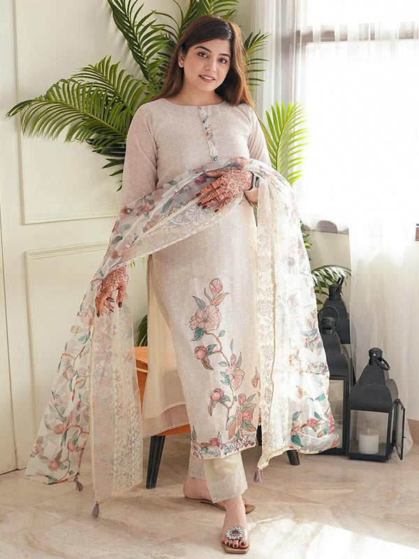Beige Printed Lilan Kurti Pant With Dupatta