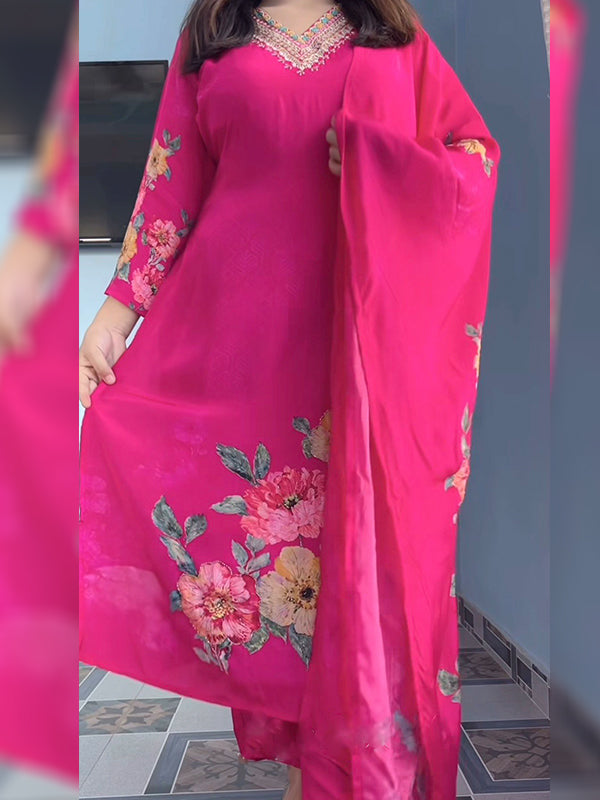 Rani Pink KitKat Silk Floral Printed Kurti Pant & Dupatta