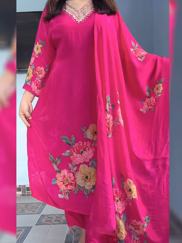 Rani Pink KitKat Silk Floral Printed Kurti Pant & Dupatta
