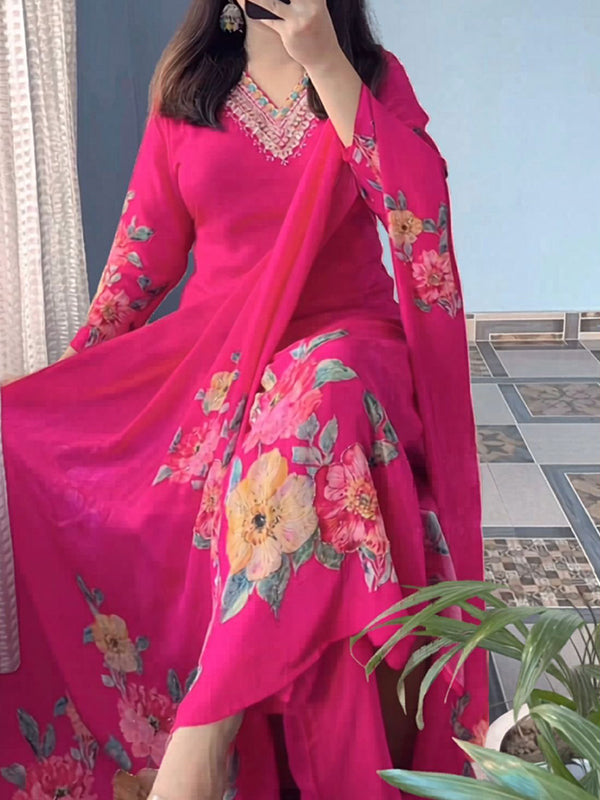 Rani Pink KitKat Silk Floral Printed Kurti Pant & Dupatta