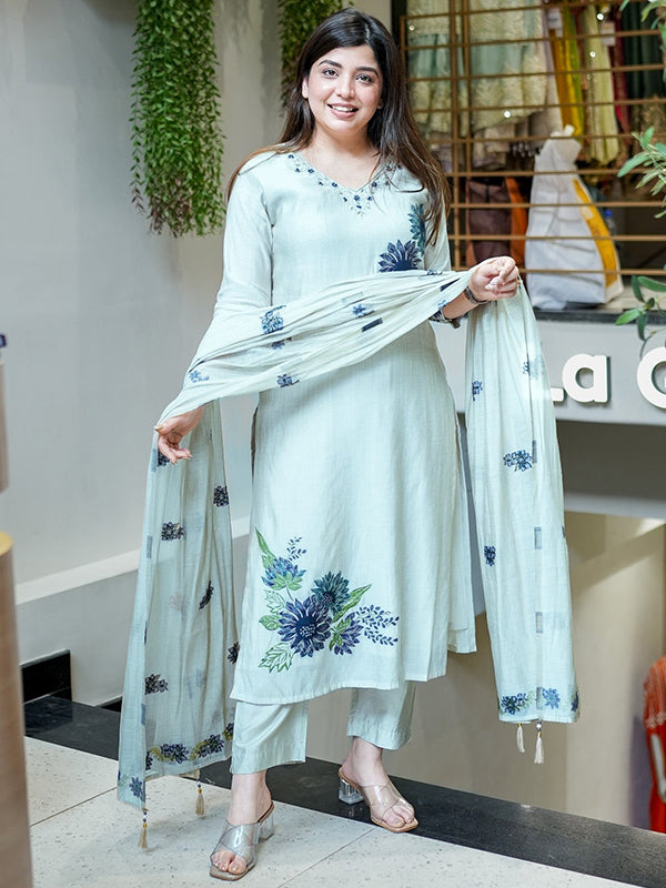 White Pure Lilan Floral Printed Kurti Pant With Dupatta