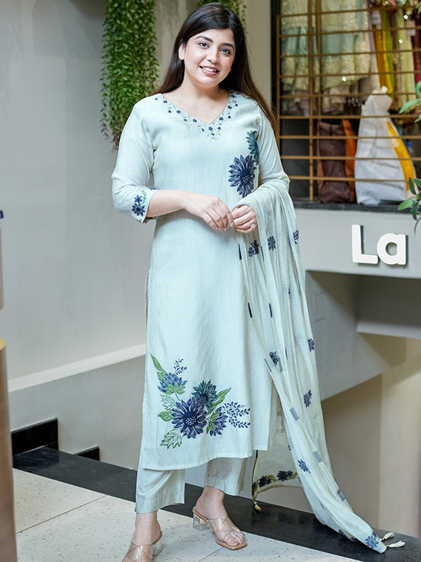 White Pure Lilan Floral Printed Kurti Pant With Dupatta