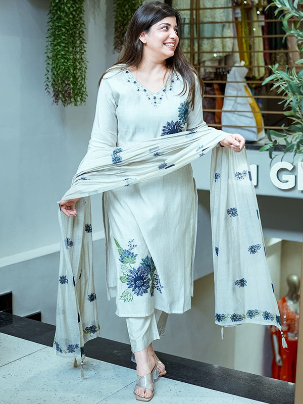 White Pure Lilan Floral Printed Kurti Pant With Dupatta