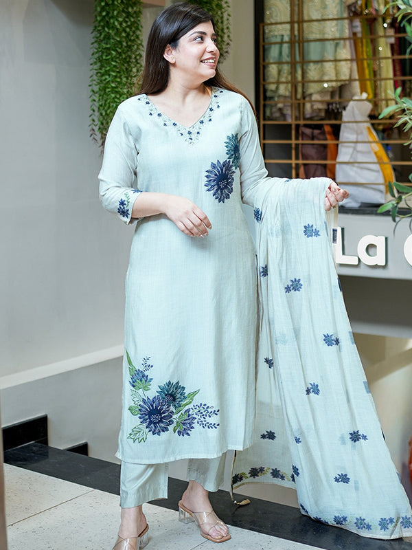White Pure Lilan Floral Printed Kurti Pant With Dupatta