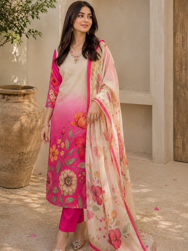 Pink Ombre Floral Printed Kurti Pant & Dupatta